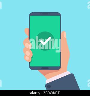 Häkchen auf dem Smartphone-Bildschirm. Grüne Bestätigungsbenachrichtigung auf dem Mobiltelefon. Vektor-Grafik des Markierzeichens markieren Stock Vektor