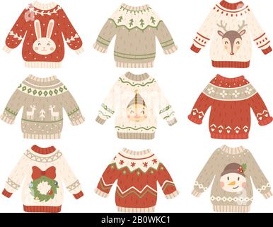 Süßer weihnachtspullover. Weihnachten hässlicher Pullover mit lustigen Schneemann, Santas Helfern und Santa Beard. Winter Mode - Hauch von Pullovern - Vektorset Stock Vektor