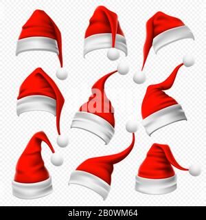 Weihnachtsmann Hüte. Weihnachten Red hat, Weihnachten Furry headdress und Winterferien Kopf tragen Dekoration 3D Vector Set Stock Vektor
