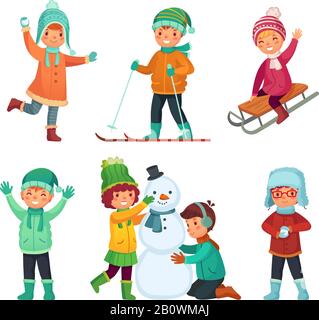 Cartoon Winter Kids. Kinder spielen im Winter Urlaub, Rodeln und Schneemann machen. Vektorsatz für Zeichen von Kindern Stock Vektor