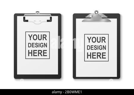 Vector 3d Realistische schwarze Zwischenablage mit Gefalztem Leerem Papier und Metallclip Symbol Für die Nahaufnahme Isoliert auf weißem Hintergrund. Designvorlage für Notizen Stock Vektor