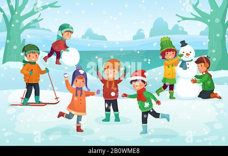 Winterspaß für Kinder. Fröhliche süße Kinder, die im Winter in Hüten im Freien spielen. Weihnachts-Winter-Urlaub Cartoon Vektor-Illustration Stock Vektor