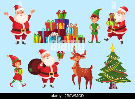Cartoon weihnachtsfiguren. Weihnachtsbaum mit Weihnachtsmann Geschenke, Santas Helferelfen und Winterferien Hirsche Vektor-Zeichensatz Stock Vektor
