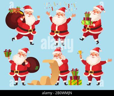 Weihnachtsmann Cartoon-Charakter. Lustiger Weihnachtsmann mit Weihnachtsgeschenken, Vektorgrafiken für Winterurlaube Stock Vektor