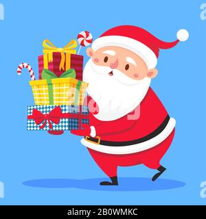 Weihnachtsmann trägt Geschenke Stapel. Weihnachtsgeschenkbox in den Händen. Schwere gestapelte Winterferien präsentiert Vektor-Cartoon-Illustration Stock Vektor