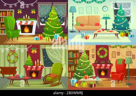 Innenraum des Weihnachtszimmers. Weihnachtsdekoration, Weihnachtsgeschenke unter traditionellen Bäumen und Winterferienhaus Innenvektorillustration Stock Vektor