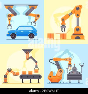 Flacher Industrieförderer. Mechanische Armlehne für das Fertigungsmanagement der Automatisierung, Vektorgrafiken der Roboterarme Stock Vektor