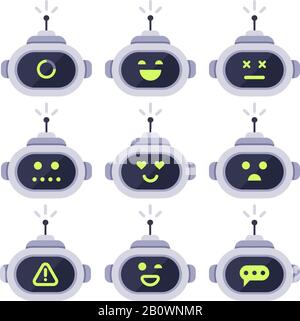 Chatbot Avatar. Computerchat-Bots, android-roboter-Gesichtsausdrücke und Roboter-Cyborg-Kopf. Roboter-Logo oder Bot Vector Icon Set Stock Vektor