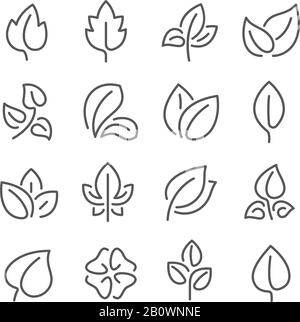 Symbole für natürliche Lamellenlinien. Junge Blätter von Pflanzen, Waldbaumblätter und Öko Grüns Dünger Vektor Umriss Piktogramm Symbolsatz Stock Vektor
