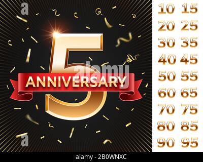 Einladungskarte zum Jahrestag. Festkarten mit goldenem Konfetti und goldenen Zahlen. Designvorlage für Jubilee Grußansage Vektor Stock Vektor