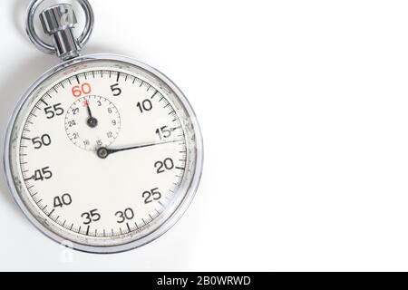 Klassische Stoppuhr mit 60 Sekunden auf weißem Hintergrund Stockfoto