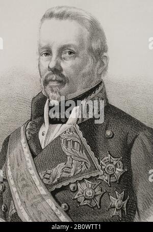 Evaristo Jose Fernández San Miguel y Valledor (1785-1862). Spanisches Militär, Adeliger, Politiker und Historiker, Herzog von San Miguel. Hochformat, Detail. Abbildung von Llanta. Die Lithographie. Cronica General de España. Historia Ilustrada y Descriptiva de sus Provincias. Asturien und Leon, das Jahr 1867. Stockfoto