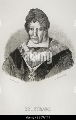 Jose Maria Calatrava Peinado (1781-1846). Spanischer Staatsmann und Jurist. Präsident des Ministerrates. Hochformat. Illustration von Urrabieta. Die Lithographie. Cronica General de España. Historia Ilustrada y Descriptiva de sus Provincias. Asturien und Leon, das Jahr 1867. Stockfoto