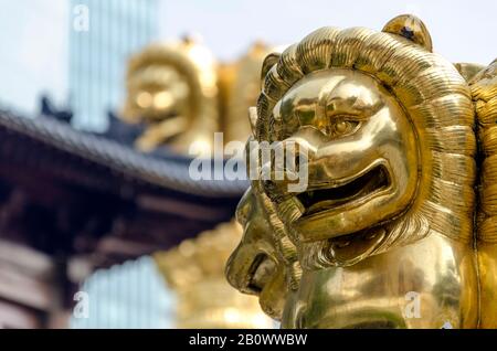 Goldene Löwenköpfe, Jing'an-Tempel, Shanghai, China, Asien Stockfoto