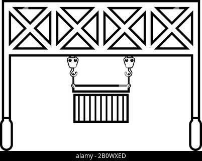 Portlader Eisenbahnkran mit Frachtcontainer Hubwaren Logistiktechnik Terminal Service Icon Umriss schwarze Farbvektorabbildung flach Stock Vektor