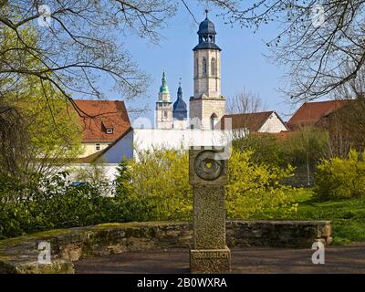 Drei Türme Blick, Marktkirche, Rathaus, Augustiner-Chorherrenstift in Bad Langensalza, Thüringen, Deutschland, Europa Stockfoto