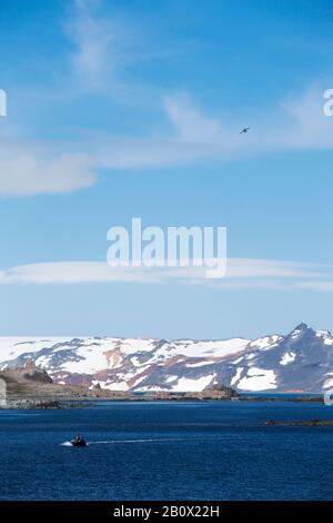 Ein Flugzeug, das Touristen in die Antarktis bringt, die auf der Frei-Station auf King George Island auf den Süd-Shetland-Inseln in der Antarktis landet. Stockfoto