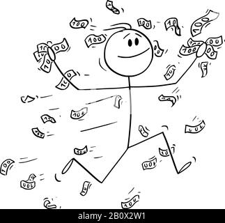 Vector Cartoon Stick Figure Zeichnung konzeptionelle Illustration von glücklichem Mann oder Geschäftsmann, der im Regen fallender Rechnungen, Banknoten oder Geld läuft. Stock Vektor