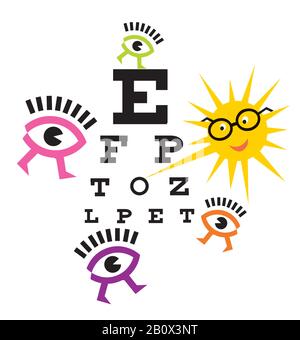 Lustige Augen, die Augenlicht testen. Sonne als Augenarzt, Augensymbole, optometrischer Test.Vektor verfügbar. Stock Vektor