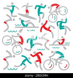 Outdoor-Sport-Fitness-Symbole dekorativer Hintergrund. Abbildung: Bunte Fitness- und Sportsymbole im Freien auf weißem Hintergrund.Vektor verfügbar. Stock Vektor