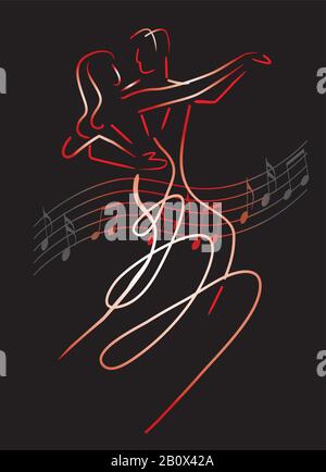 Balroom Tänzer Koppeln mit musikalischen Noten. Linienkunst stilisierte Illustration des Tanzes eines Paares auf schwarzem Hintergrund. Vektor verfügbar. Stock Vektor