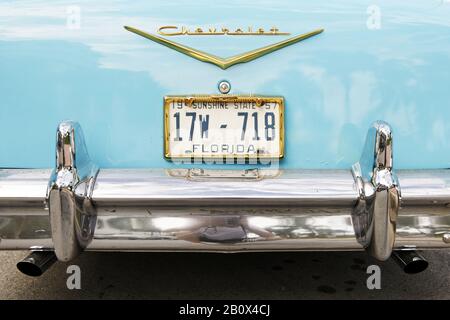 Heckansicht, Chevrolet Bel Air, Baujahr 1957, fünfziger Jahre, klassisches amerikanisches Auto, Ocean Drive, Miami South Beach, Art Deco District, Florida, USA, Stockfoto