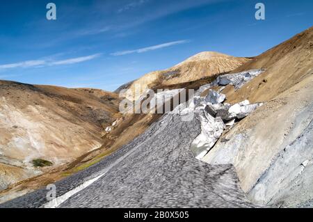 Karge Vulkanlandschaft auf dem Weg von Skogar nach Landmannalaugar, Island, Europa, Stockfoto