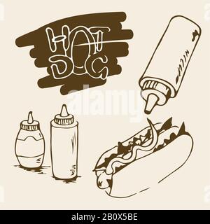 Handgezeichnete Abbildungen von Hot Dog. Fast-Food-Designelemente, Skizzen von Hotdog mit Sauce oder Mayonnaise in Kunststoffflaschen. Monochromer EPS8-Vektor Stock Vektor