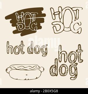Handgezeichnete Abbildungen von Hot Dog. Fast-Food-Designelemente, handgeschriebene Hotdog-Etiketten und Skizze von heißem Hund mit Sauce. Monochromer EPS8-Vektor gra Stock Vektor
