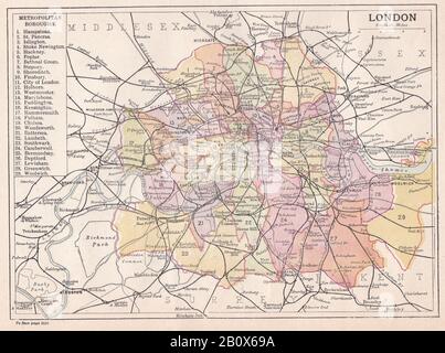 Alte Karte von London, die die Metropolitan Boroughs 1900s zeigt Stockfoto