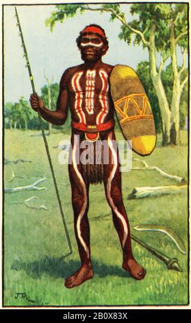 Abbildung eines australischen Aborigines im traditionellen Outfit, aus einem Set von Schulpostern, die für Sozialstudien verwendet werden, c 1930 Stockfoto