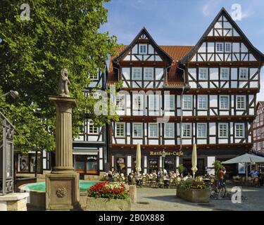 Fachwerkhäuser am Markt, Rathauscafé mit Brunnen, Melsungen, Schwalm-Eder-Kreis, Hessen, Deutschland, Stockfoto