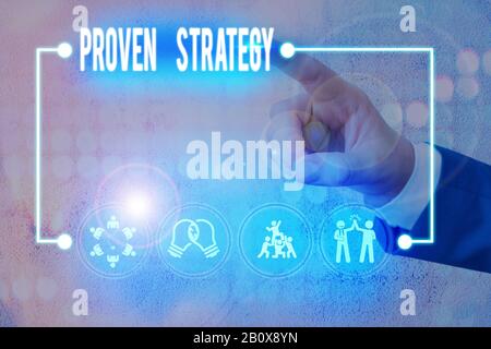 Schreiben Sie einen Hinweis mit Einer Bewährten Strategie. Geschäftskonzept für Bestätigten Ansatz oder Praktiken bei der Generierung von Verkäufen oder Leads Stockfoto