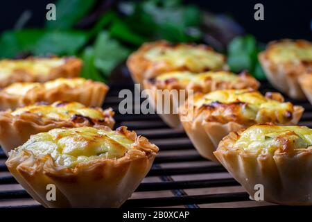 Filo-Konditorbecher, gefüllt mit Feta-Mischung auf einem schwarzen Kühlregal. Stockfoto