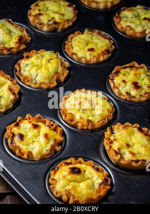 Mit Feta-Käsemischung gefüllte Backbecher aus Filo in einer Backform aus Cupcake. Stockfoto