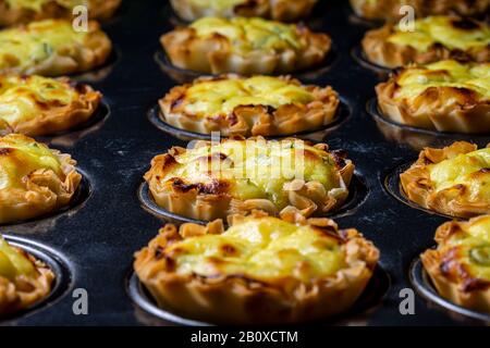 Mit Feta-Käsemischung gefüllte Backbecher aus Filo in einer Backform aus Cupcake. Stockfoto