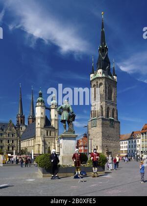 Marktplatz mit Marktkirche St. Marien, Handgedächtnisstätte und rotem Turm, Halle/Saale, Sachsen-Anhalt, Deutschland, Stockfoto