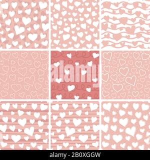 Set aus abstrakten Loodle-Hearts nahtlose Muster Texturen. Verschiedene handgezeichnete Herzen auf rosa Hintergrund. Optimiert für Farbänderungen mit nur einem Klick. EPS8 vec Stock Vektor
