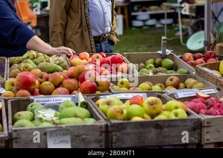 Ein Portrait einiger Obstkisten, die auf einem lokalen Markt ausgestellt sind, mit jemandem, der ein Stück Obst ergattet. Auf dis gibt es Äpfel und Birnen Stockfoto