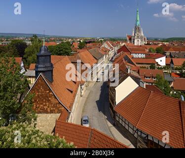 Panoramablick vom Rabenturm-Turm über die Altstadt zur Marienkirche, Mülhausen, Deutschland, Stockfoto