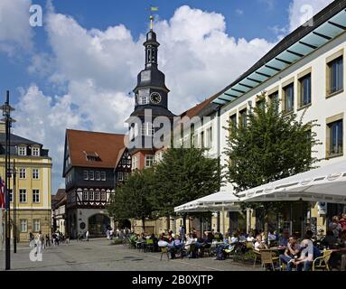 Cafés am Markt mit Rathaus, Eisenach, Thüringen, Deutschland, Stockfoto