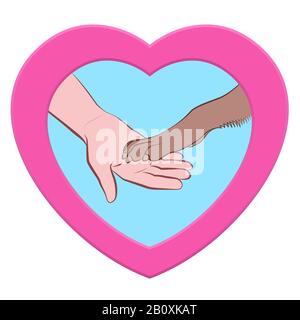 Hund gebärende Pfoten. Hunde Pfote und menschliche Hand. Abbildung mit dem Symbol für das pinkfarbene herzförmige Logo auf weißem Hintergrund. Stockfoto