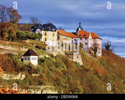 Blick auf die Dornburger Schlösser mit Weinbergshaus im Herbst, Dornburg, Thüringen, Deutschland, Stockfoto