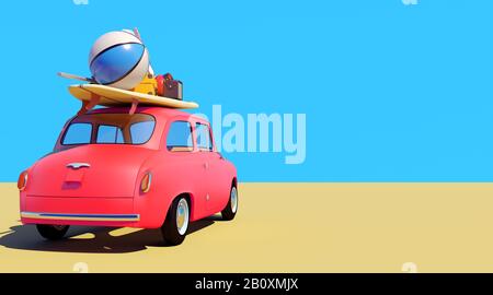 Kleiner Retro-Wagen mit Gepäck, Gepäck und Strandausrüstung auf dem Dach, voll verpackt, bereit für Sommerferien, Cartoon-Konzept einer Straßenfahrt, blau B. Stockfoto