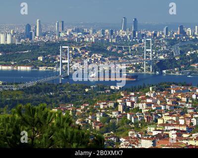 Blick von der Camlica Kumpir über die Bosporus-Brücke mit dem Stadtteil Ortaköy, Istanbul, Türkei, Stockfoto