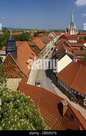 Panoramablick vom Rabenturm-Turm über die Altstadt zur Marienkirche, Mülhausen, Deutschland, Stockfoto