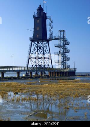 Leuchtturm Obereversand am Hafen in Dorum/Neufeld bei Ebbe, Wurster Küste, Niedersachsen, Deutschland, Stockfoto