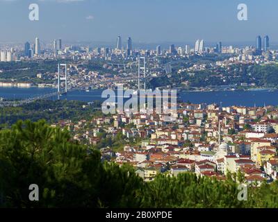 Blick von der Camlica Kumpir über die Bosporus-Brücke mit dem Stadtteil Ortaköy, Istanbul, Türkei, Stockfoto