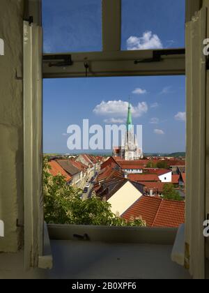 Panoramablick vom Rabenturm-Turm über die Altstadt zur Marienkirche, Mülhausen, Deutschland, Stockfoto