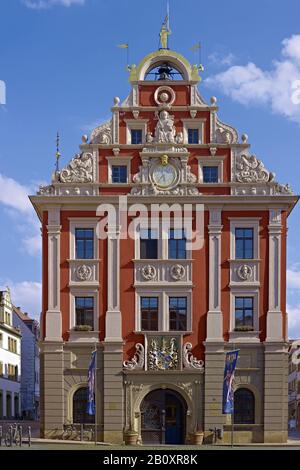 Westgiebelhaus vom Rathaus am Hauptmarkt in Gotha, Thüringen, Deutschland, Stockfoto